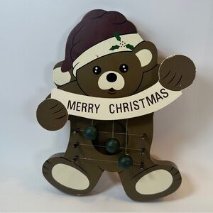 VTG Merry Christmas Bear Door Harp‎ Wooden Holiday Decor 1990